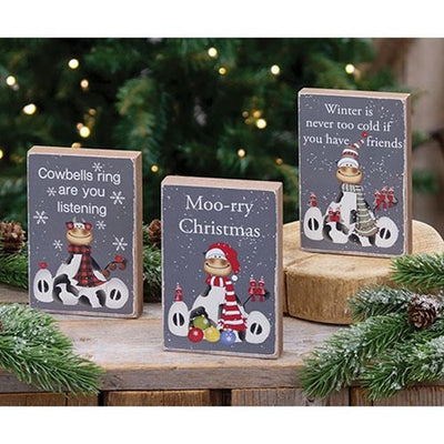 Set of 3 Moo-rry Christmas Cow Themed 5" Wooden Block Signs