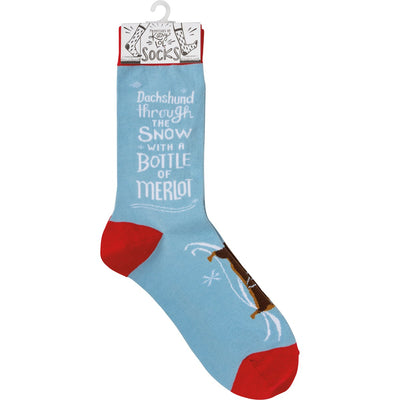 Dachshund Through The Snow With A Bottle Of Merlot Novelty Socks