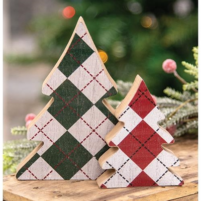 Set of 2 Distressed Wooden Plaid Mini Christmas Trees