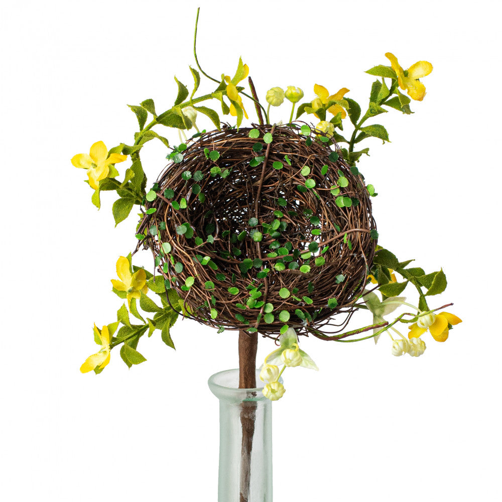 🎄💙 Twig Nest with Yellow Flowers 10" Pick