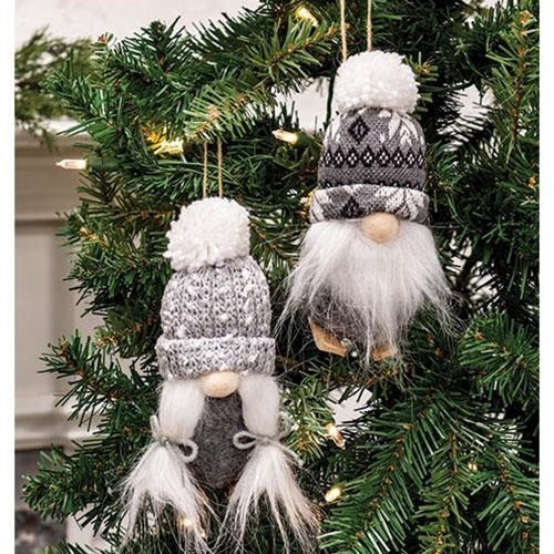 Mr & Mrs Gray and White Skier Gnome Ornaments