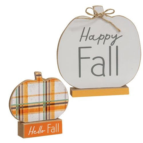 Set of 2 Hello Fall & Happy Fall Pumpkins on Base