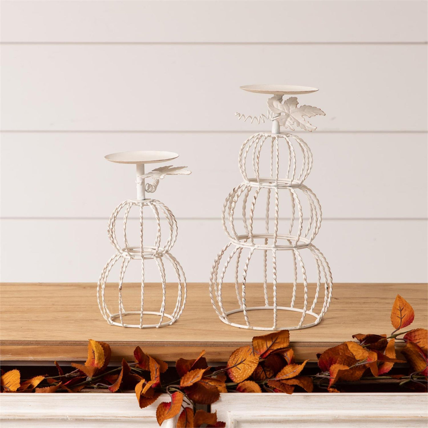 Set of 2 White Wire Pumpkin Candle Holders