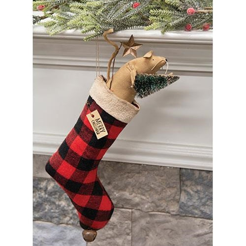 Mouse in Buffalo Plaid Christmas Stocking Hanging