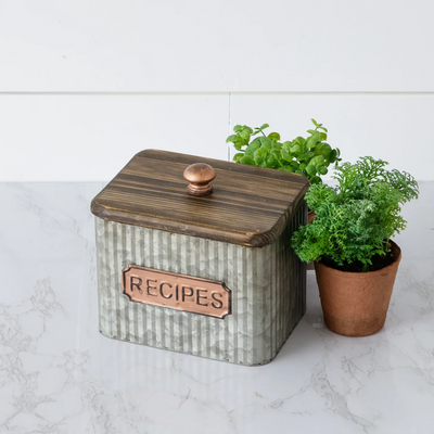 Recipe Card Holder Rustic Corrugated Metal and Wood Lid