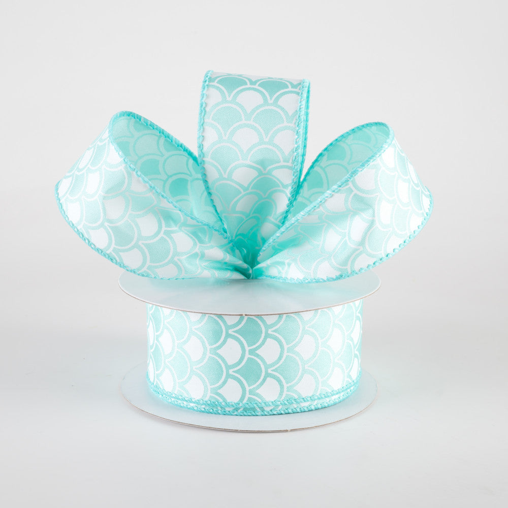 HAPPY BIRTHDAY🎂 🔥 Aqua and White Satin Fish Scales Mermaid Ribbon 1.5" x 10 Yards