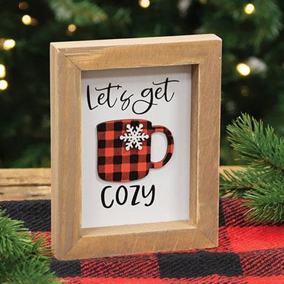 Let's Get Cozy Buffalo Check Cup Framed Sign