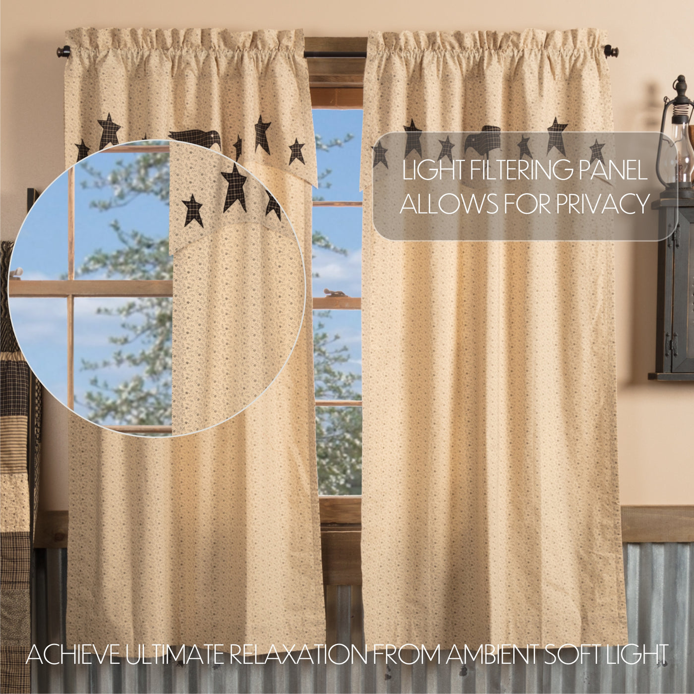 💙 Set of 2 Kettle Grove Short Panel with Attached Applique Crow and Star Valance