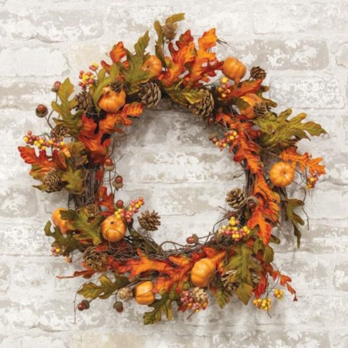 Harvest Leaves With Fall Cones And Pumpkins 20" Faux Wreath