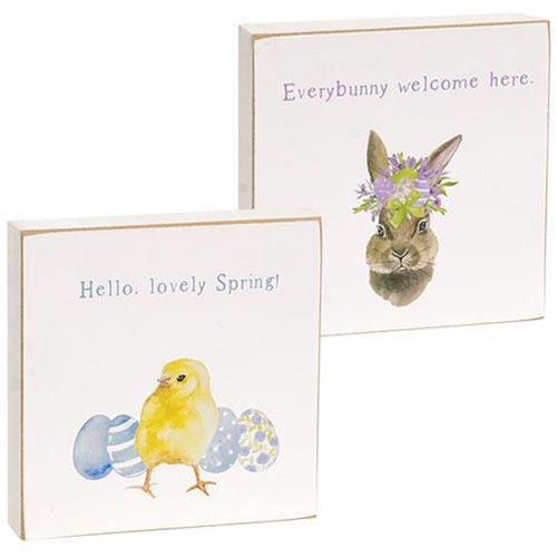 Set of 2 Everybunny Welcome Watercolor Bunny and Checks 4" Square Blocks