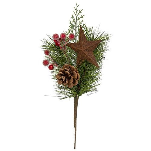 Brush Pine & Sugar Berry with Rusty Star 12" Faux Evergreen Pick