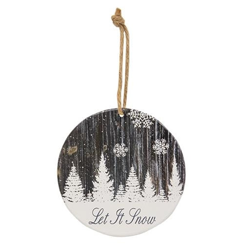 Let It Snow Snowy Woodgrain Round Ornament