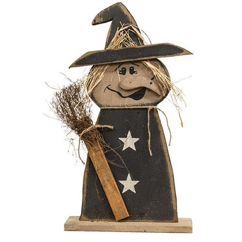 Rustic Wood Witch with Broom on Base 24" H