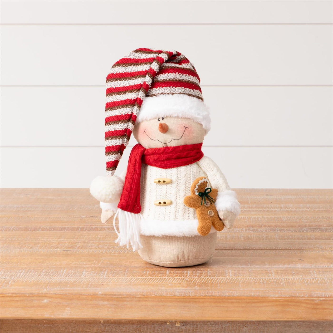 Snowman Holding Gingerbread Man 14" Fabric Figure