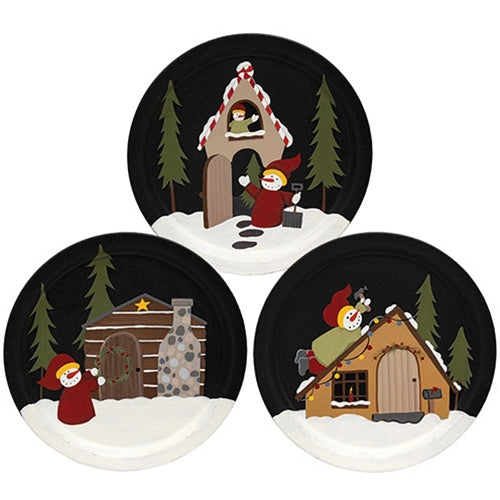 Set of 3 Snowman with Winter House 9.25" Decorative Plates