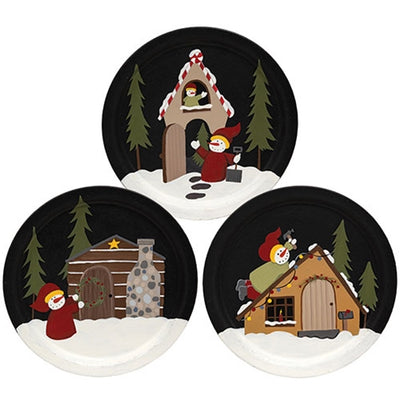 Set of 3 Snowman with Winter House 9.25" Decorative Plates