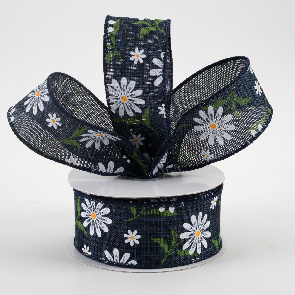 ⚡LABOR DAY WEEKEND White Daisy on Navy Ribbon 1.5" x 10 yards