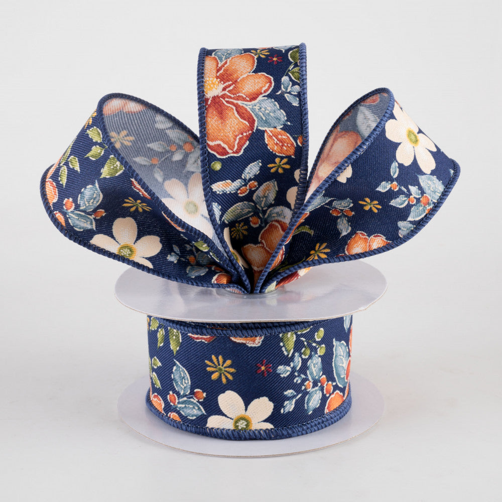Orange and Blue Watercolor Flowers Ribbon 1.5" x 10 yards