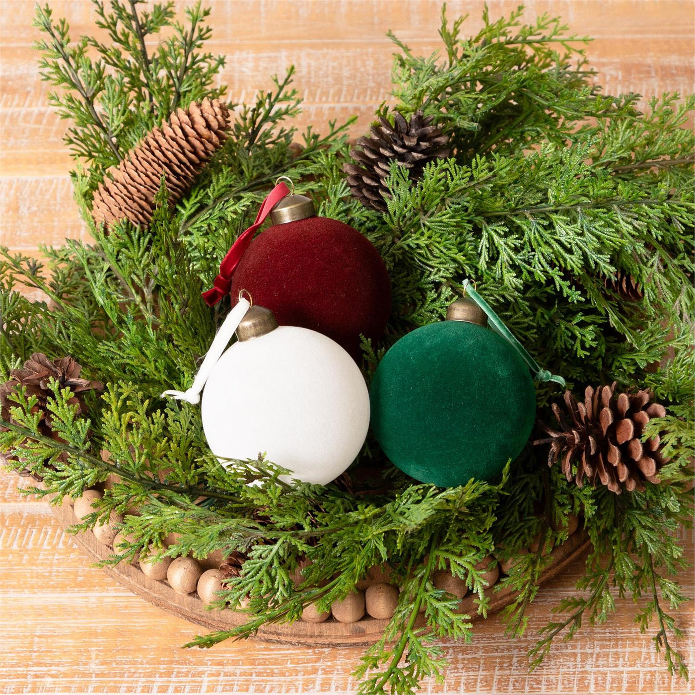 Set of 3 Flocked Ornament Balls - Green, Burgundy, Cream 3.5" diameter