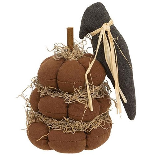 Stuffed Pumpkin Stack with Primitive Crow 8" H