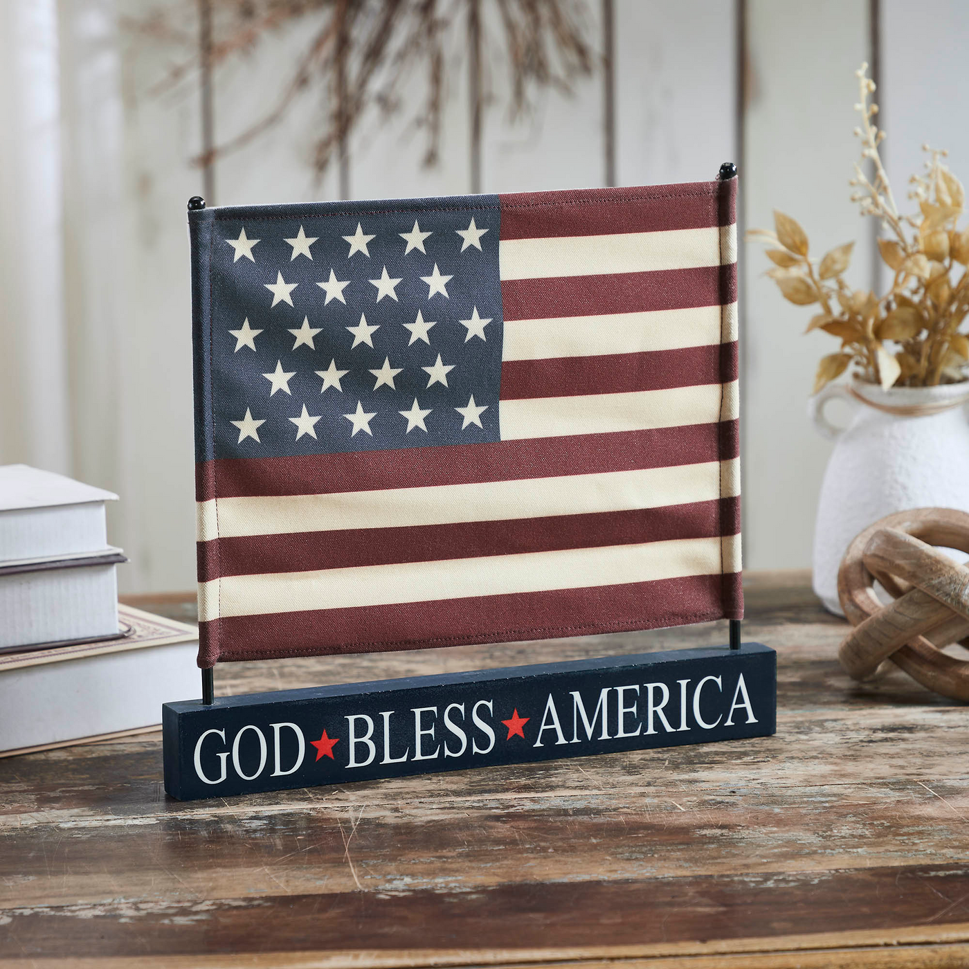 God Bless America Canvas American Flag on Base