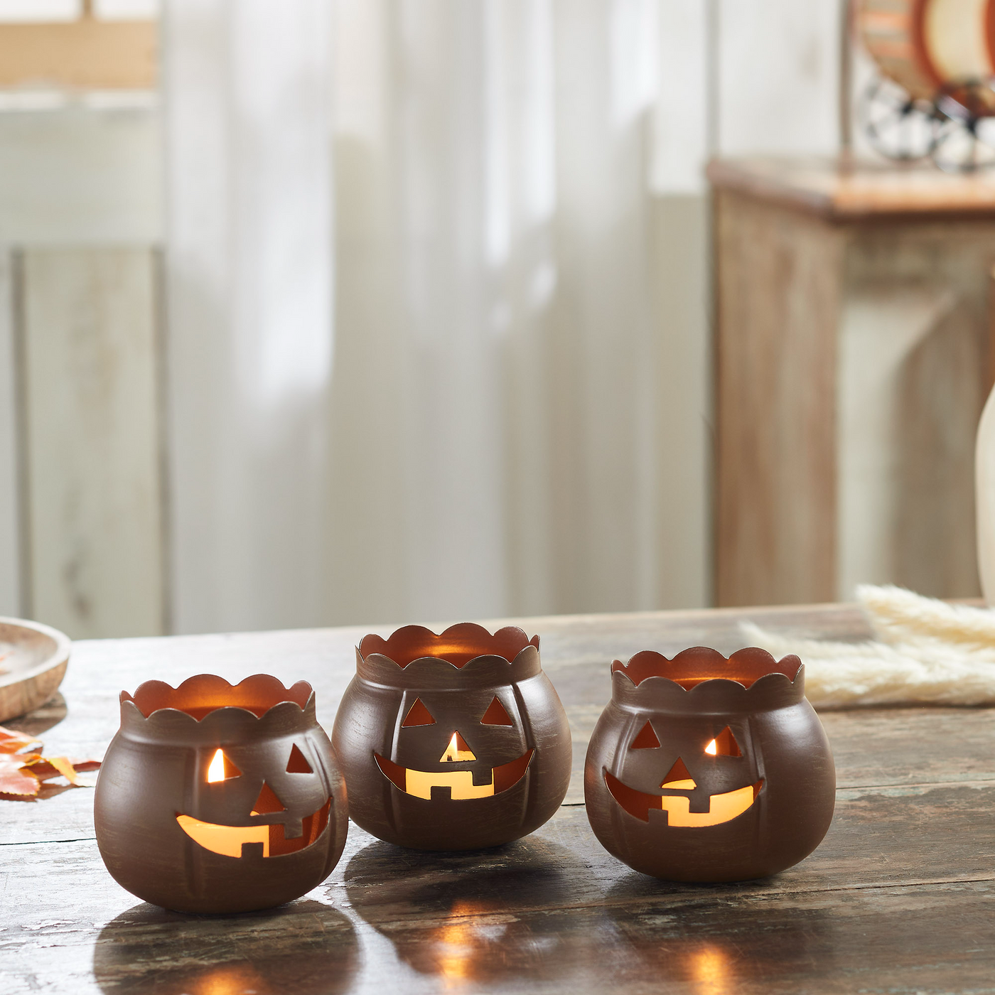 Set of 3 Bronze Jack O Lantern Votive Holders