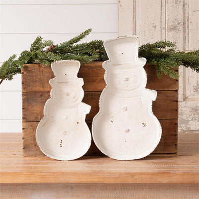 Set of 2 Snowman Shaped Distressed Metal Trays