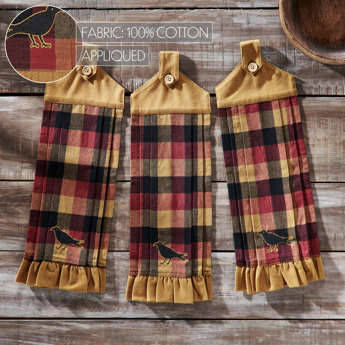 Set of 3 Heritage Farms Primitive Check Button Loop Tea Towels