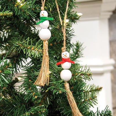Set of 2 White Bead Snowman Ornaments