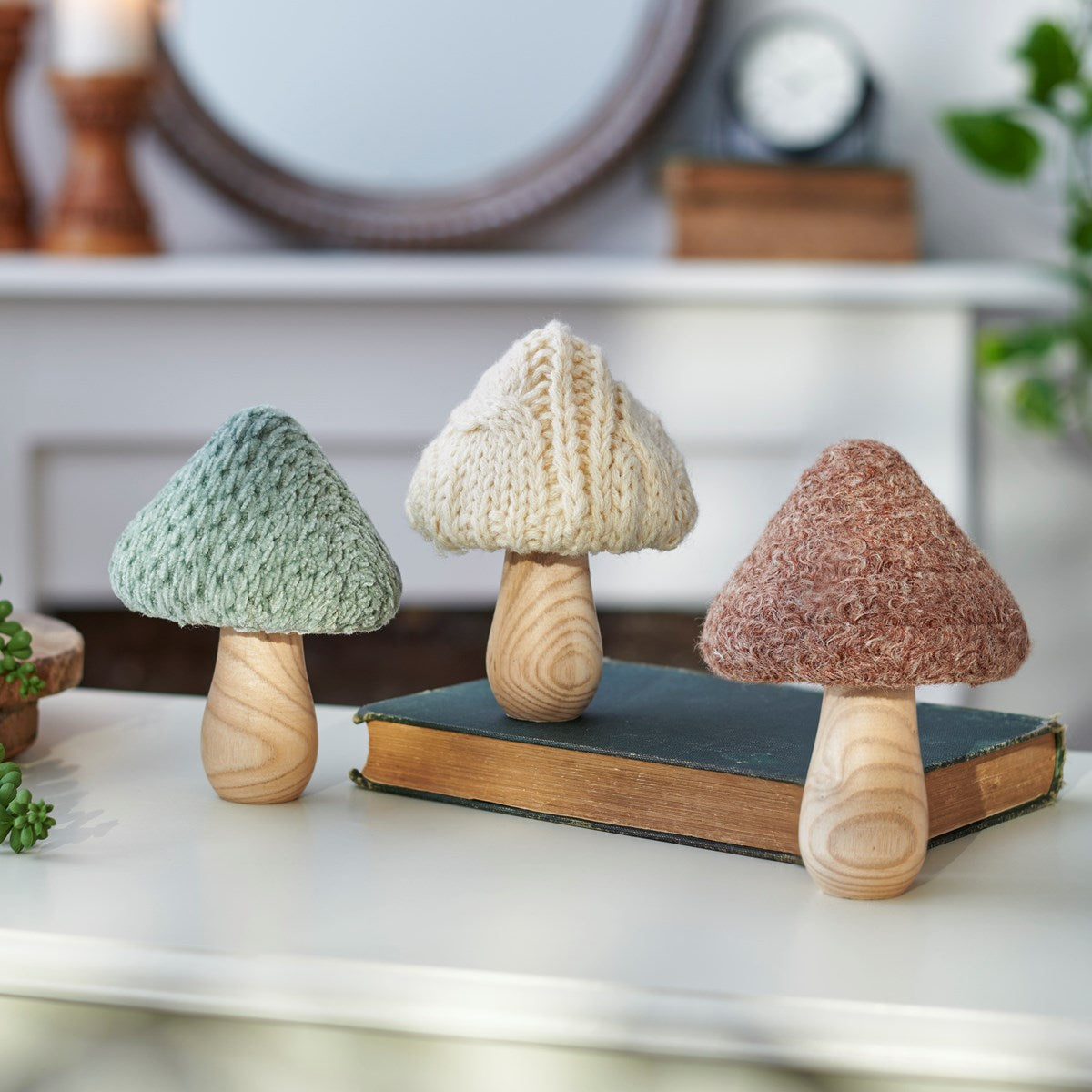 Set of 2 Knitted Mushrooms Sitter Figures