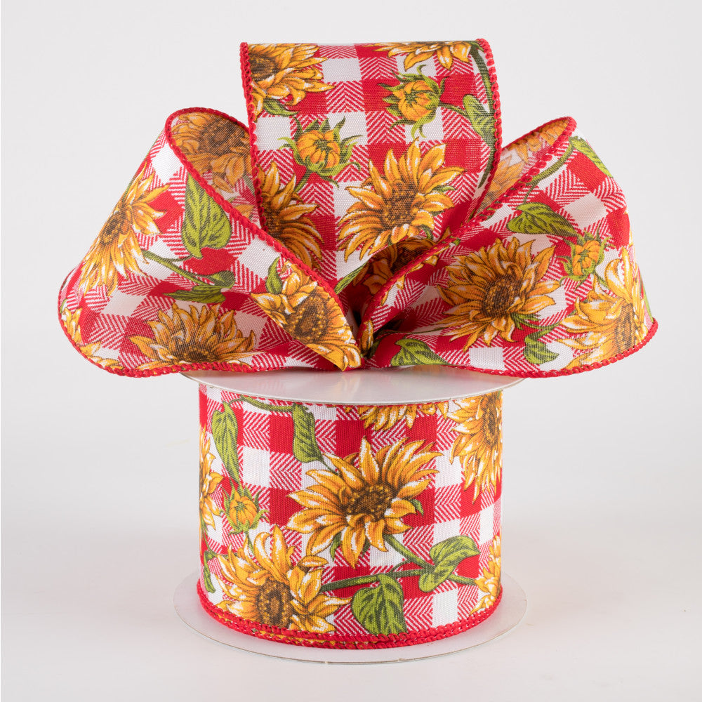 Wild Sunflowers Red and White Check Ribbon 2.5" x 10 Yards