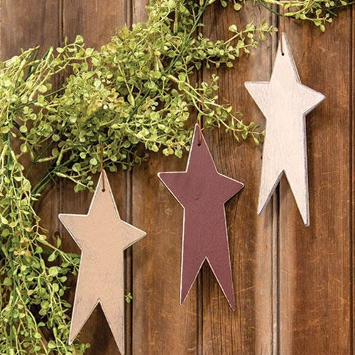 Distressed Burgundy Cream and Ivory Primitive Star Ornaments Set of 3