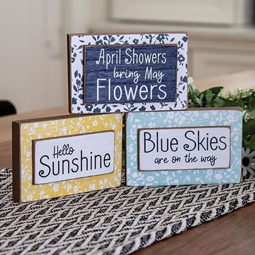 Set of 3 Blue Skies and Hello Sunshine Wooden Block Signs