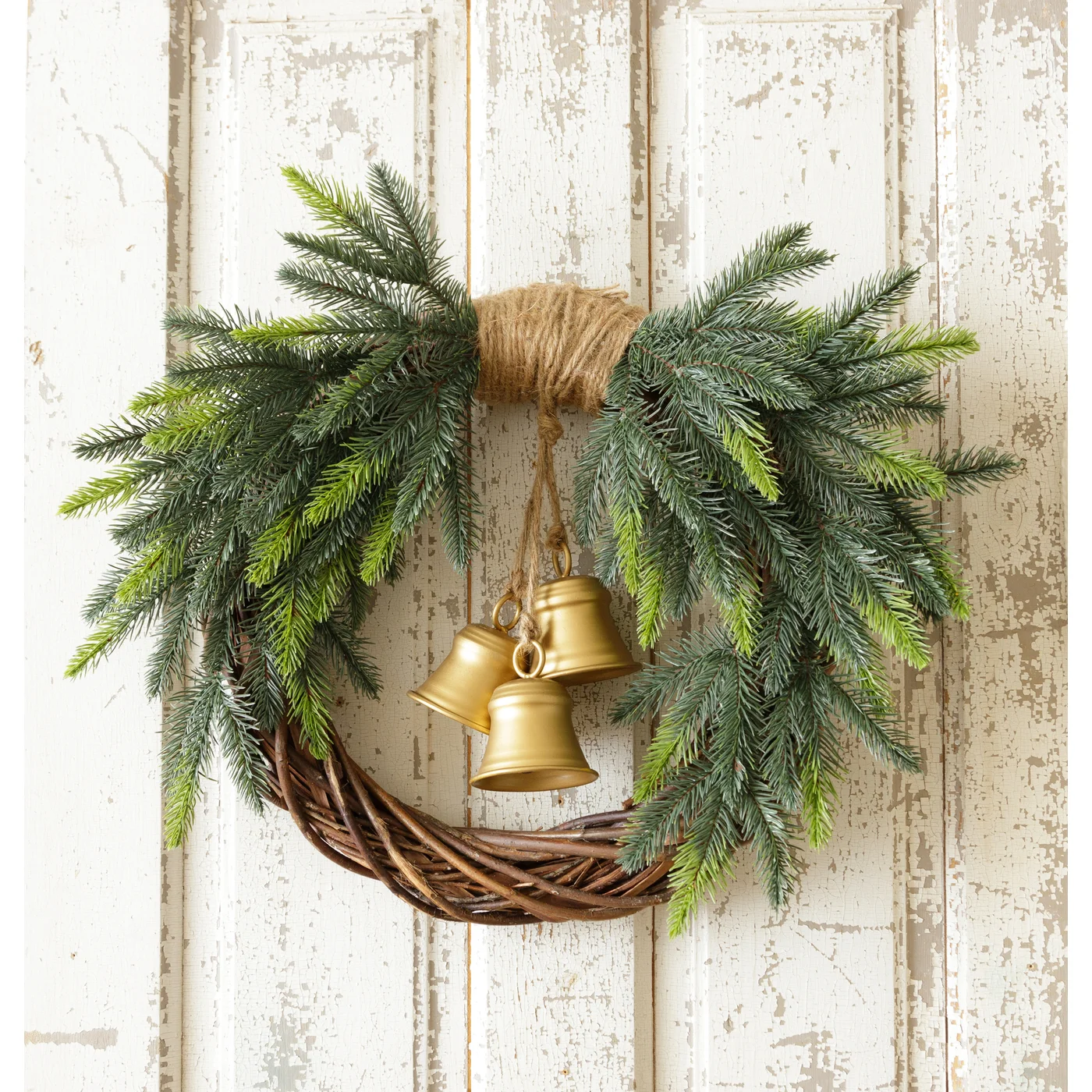 Evergreen with Brass Bells 20" Faux Christmas Wreath