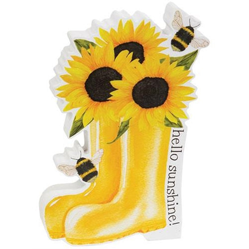 Hello Sunshine Sunflower Boots & Bees Chunky Sitter Sign