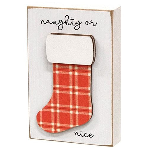 Naughty Or Nice Stocking Small Wooden Christmas Block Sign