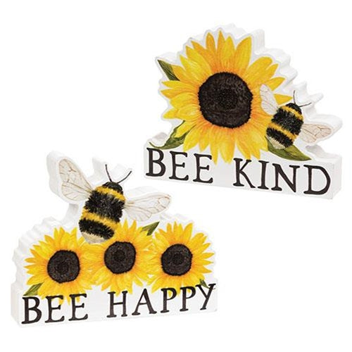 Set of 2 Bee Kind Happy Bee & Sunflower Block Signs