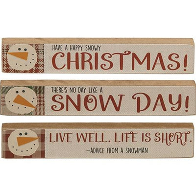 Set of 3 Snowman Advice Mini Wooden Sign Sticks