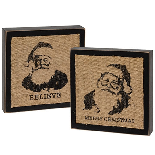 Set of 2 Stamped Burlap Santa Box Signs