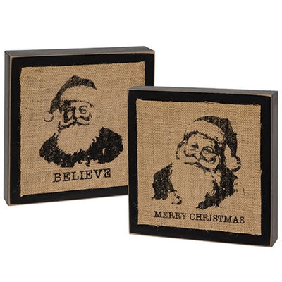 Set of 2 Stamped Burlap Santa Box Signs
