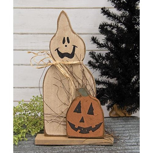 Rustic Wood Ghost with Jack O Lantern on Base 18.5" H