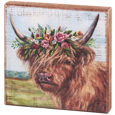 Floral Highland Cow 6" Wooden Block Sign