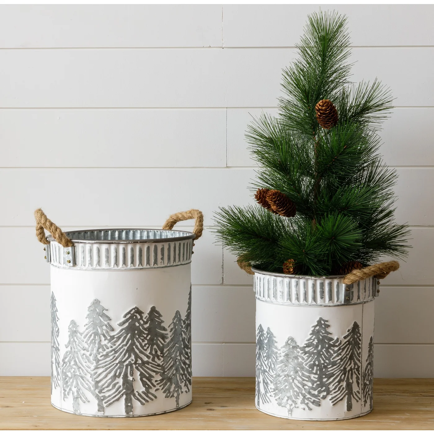 Set of 2 Embossed Trees White Rustic Buckets