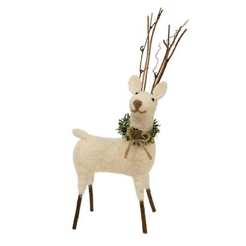 White Standing Reindeer Felt Ornament 9" H
