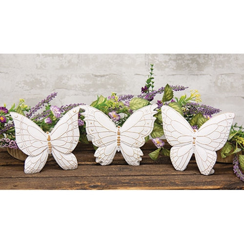 Set of 3 Distressed White Resin Butterfly Shelf Sitters