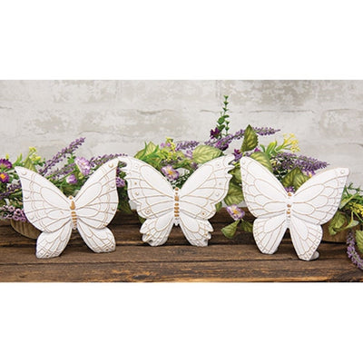 Set of 3 Distressed White Resin Butterfly Shelf Sitters
