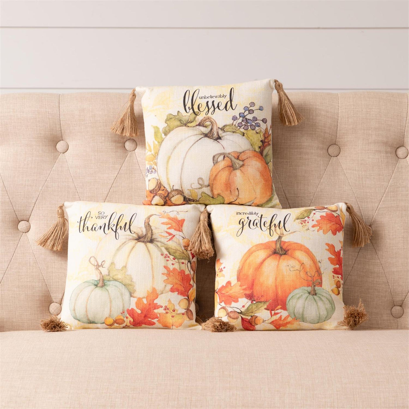 Set of 3 Fall Pumpkin Blessed Thankful Grateful 10" Accent Pillows