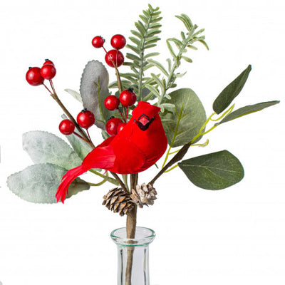 Cardinal With Pine Berries Eucalyptus 10" Faux Winter Evergreen Spray