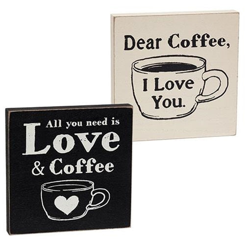 Set of 2 Love & Coffee 6" Wooden Block Signs