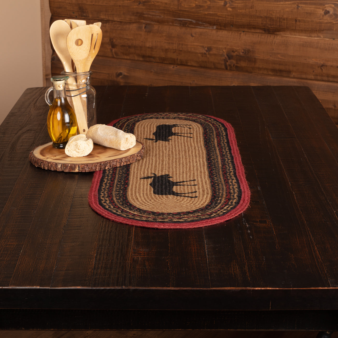 Cumberland Stenciled Moose 36" Jute Oval Table Runner